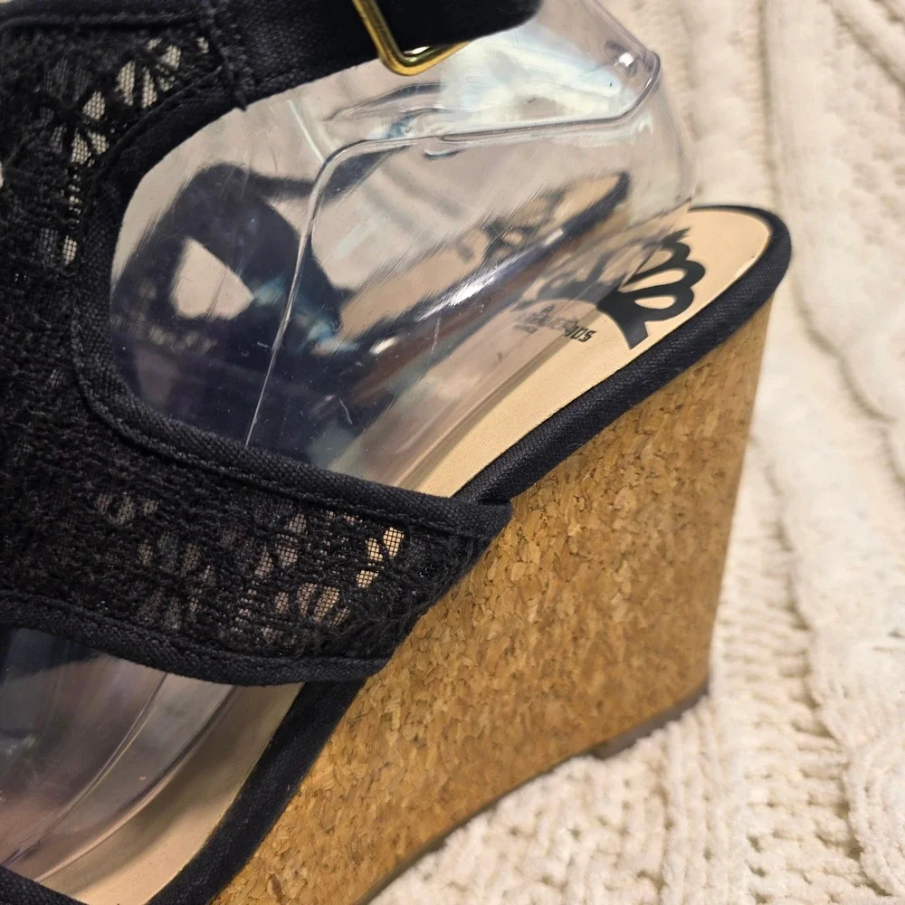 Fergalicious Wedge‎ Sandals Black Lace Mesh Cork Platform Sexy Womens 10